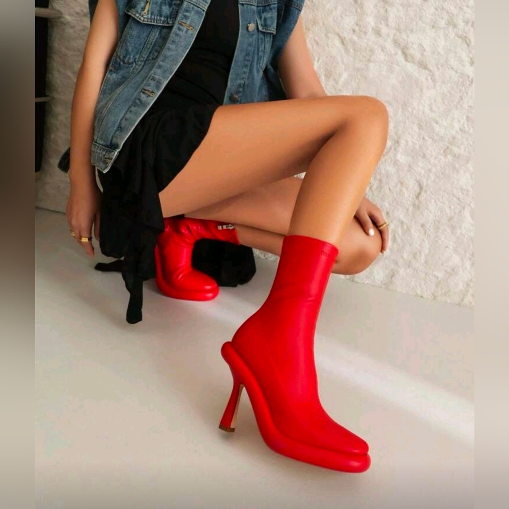 Red Sculpted Heel Sock Boots - Women's Fashion Booties
